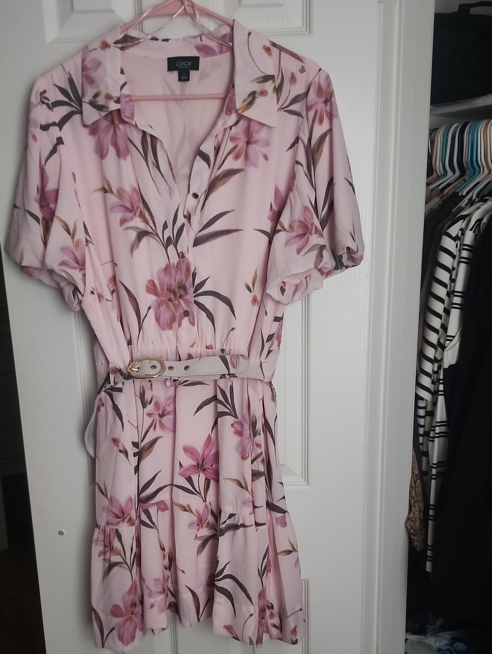 CeCe Light Pink Floral Mini Shirt Dress with Belt